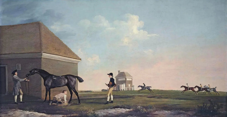 Gimcrack Newmarket Heathillä, valmentajan, tallimestarin ja jockeyn kanssa - George Stubbs