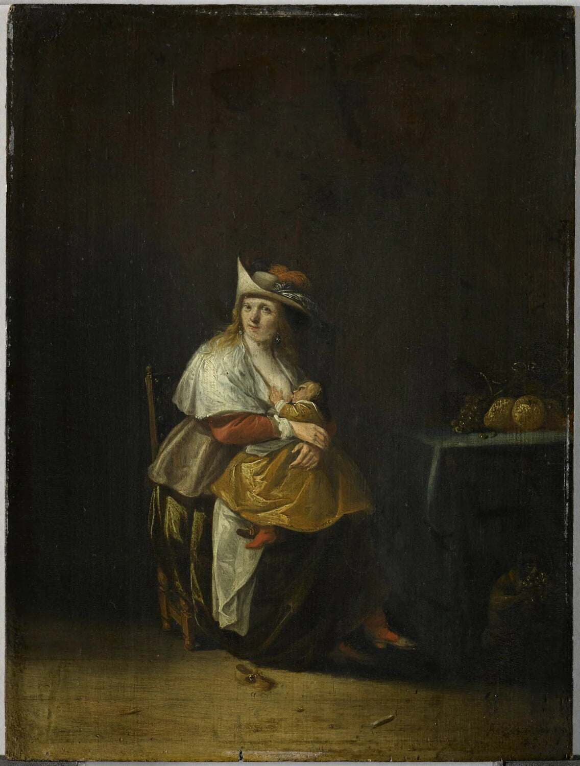 Le Goût : femme allaitant un enfant et singe mangeant des fruits - Anthonie Palamedesz.