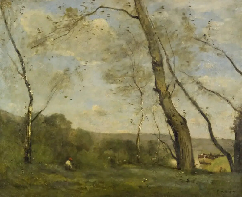 Suuret puut hallitsevat joen rantaa - Jean-Baptiste Camille Corot