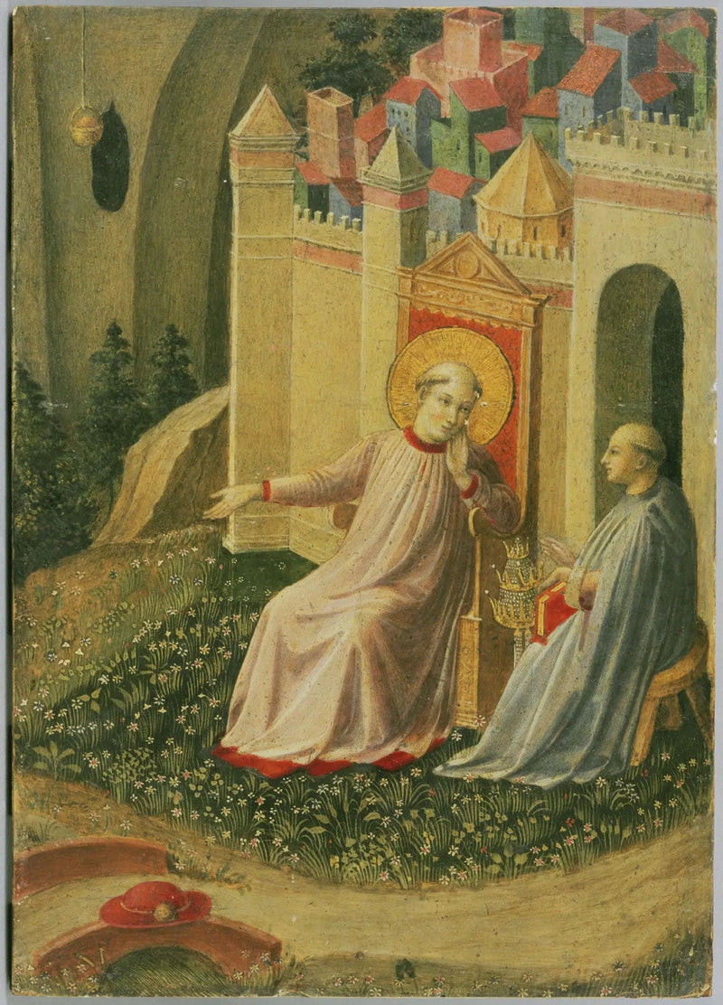 Gregorius Suuri kieltäytyy paaviuden tiarasta, katkelma leikatuista tauluista, jotka esittävät Thebaidin kohtauksia - Fra Angelico