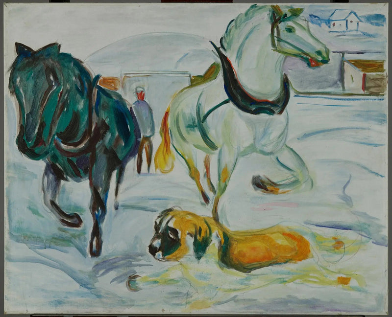 Hevosryhmä ja Saint-Bernard lumessa - Edvard Munch