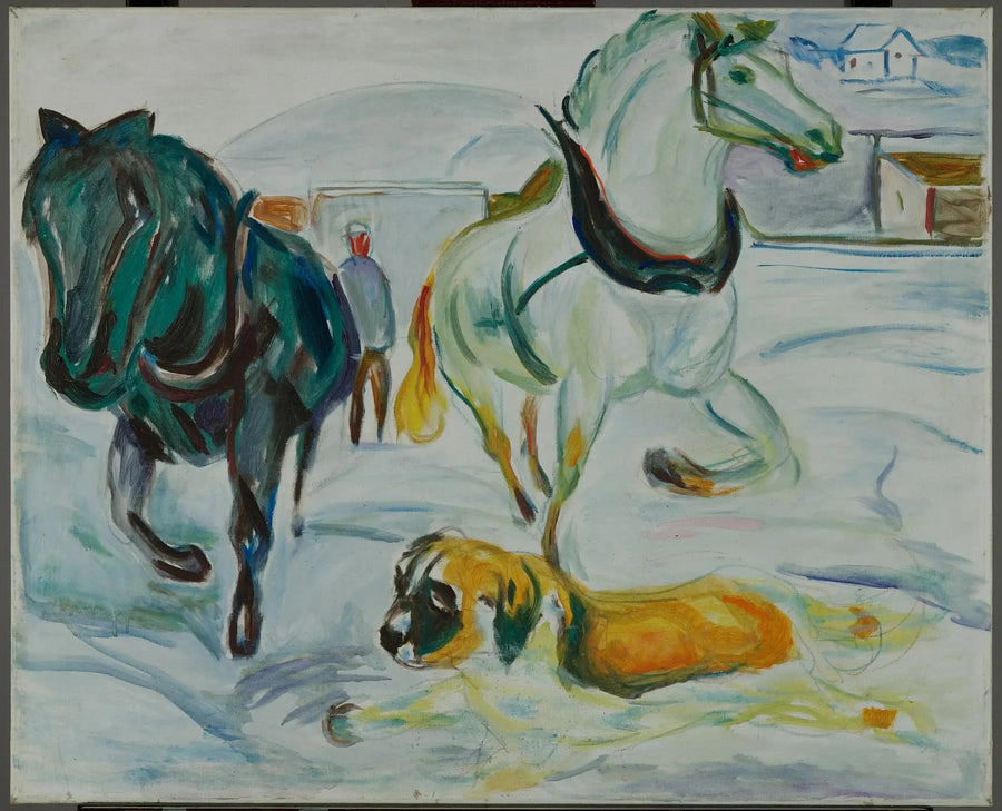 Hevosryhmä ja Saint-Bernard lumessa - Edvard Munch