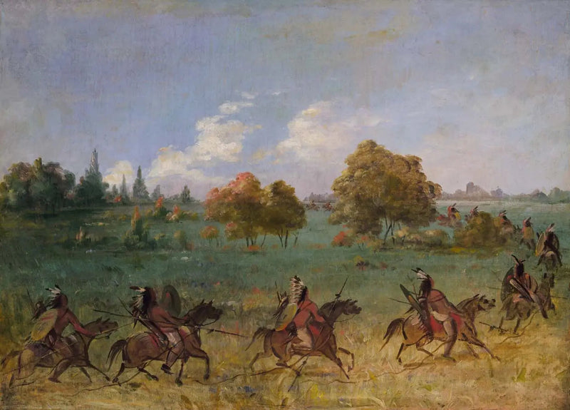 Comanche-sotilasryhmän marssiva taistelu, täysin varusteltu - George Catlin