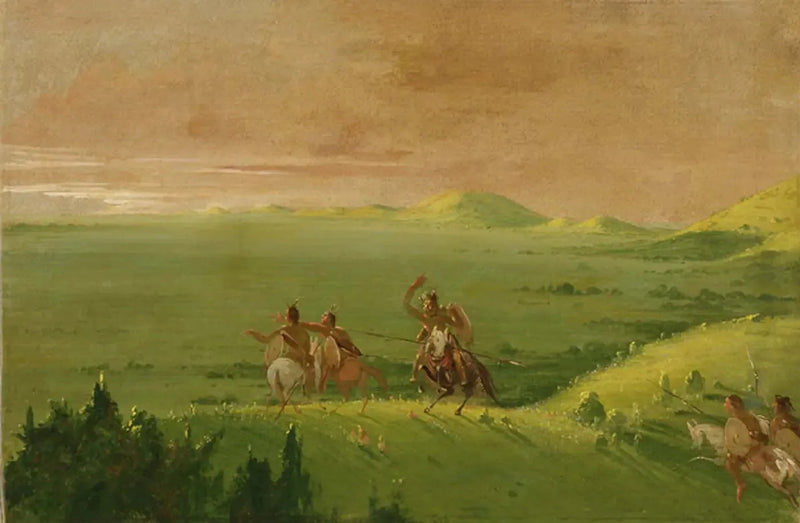 Comanche-sotilasryhmän johtaja löytää vihollisen ja kehottaa miehiään auringonnousussa - George Catlin
