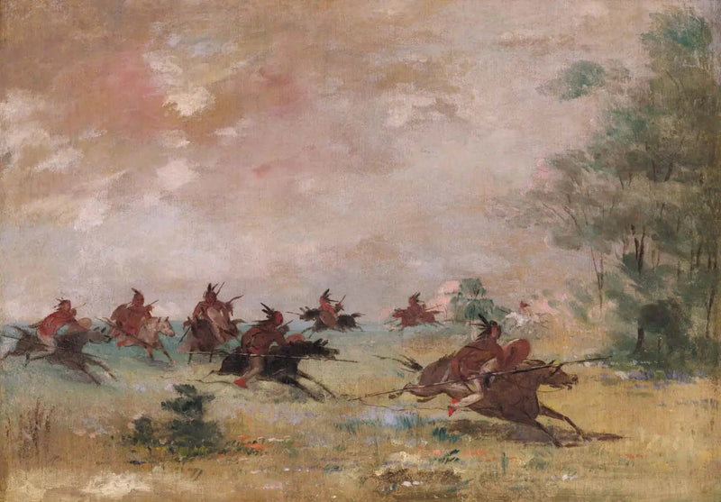 Comanche-sotilasryhmä, ratsain villihevosilla - George Catlin