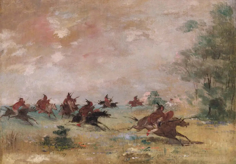 Comanche-sotilasryhmä, ratsain villihevosilla - George Catlin