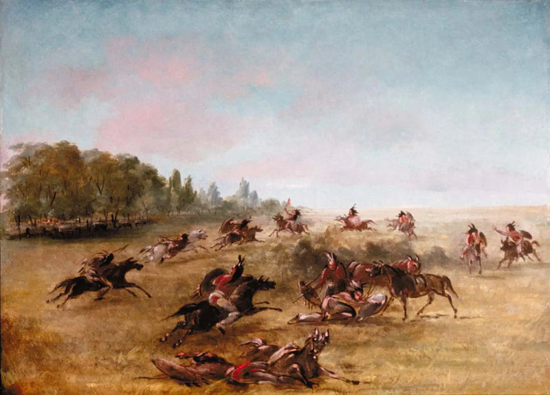 Sota-ryhmä kulkee metsikössä - George Catlin
