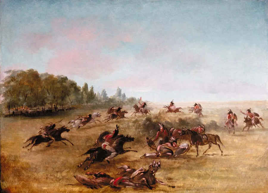 Sota-ryhmä kulkee metsikössä - George Catlin