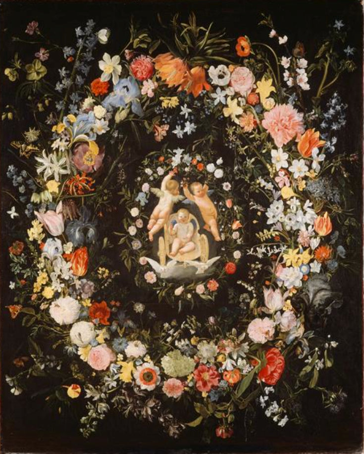 Kukka-köynnös ympäröi medaillonin, joka esittää rakkauden voittoa - Domenichino