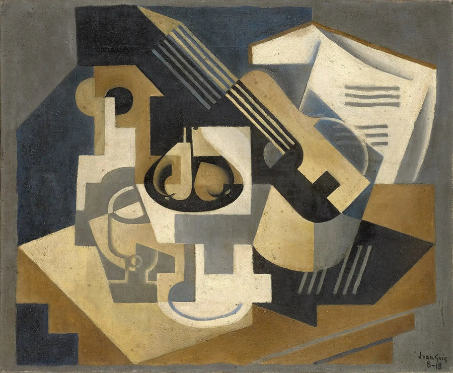 Kitara ja tarjoilukulho pöydällä - Juan Gris