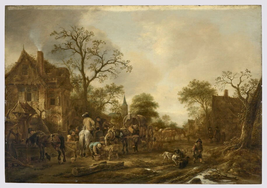 Halte de voyageurs et cavaliers dans un village - Isaack van Ostade