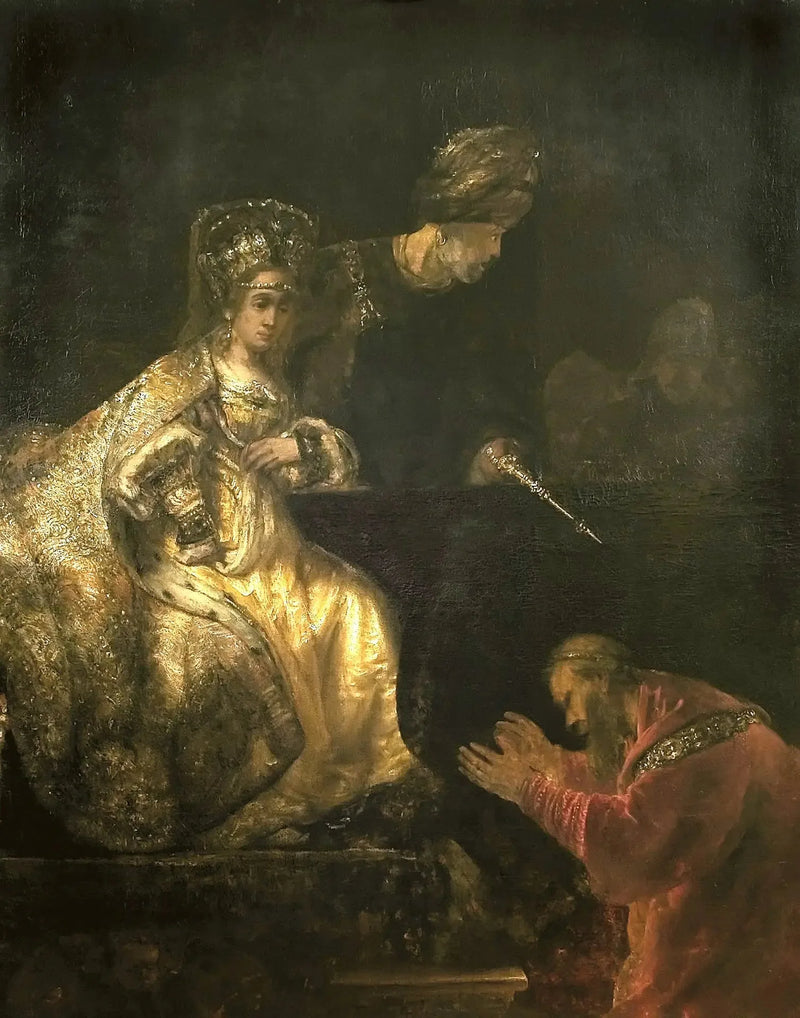Haman rukoilee Estheriltä, että tämä antaisi hänelle pelastavan elämän - Rembrandt