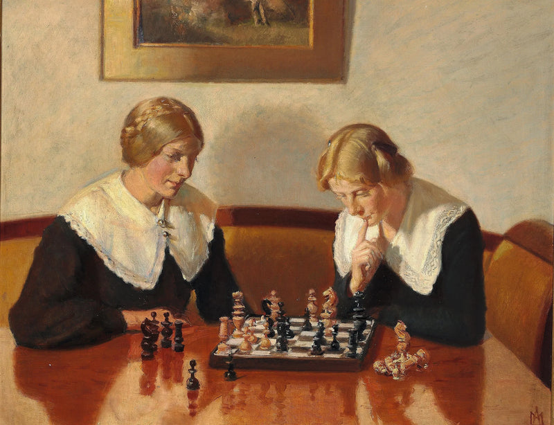 Helga Ancher ja Engel Saxild pelaavat shakkia Markvejin talossa Skagenissa. -Michael Peter Ancher