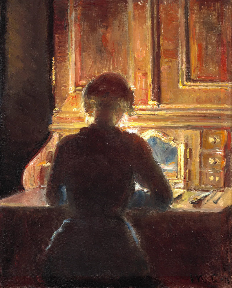 Helga istuu Michael Ancherin studiossa hänen Ortmann-rokokoo-pähkinäpähkinätyöpöytänsä ääressä Markvejissa. -Michael Peter Ancher