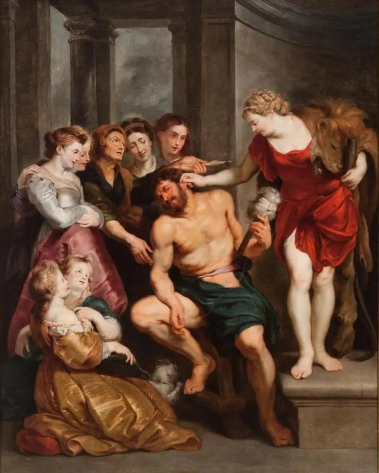 Herkules, rakkauden sairaana, joutuu Omphalen hallitseksi - Peter Paul Rubens