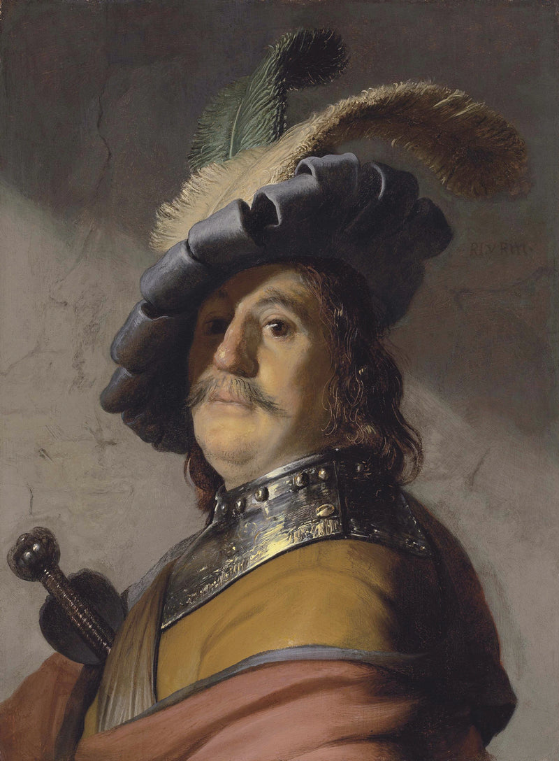 Miehen rintakuva, joka käyttää kaulusta ja höyhenpäistä berettiä - Rembrandt