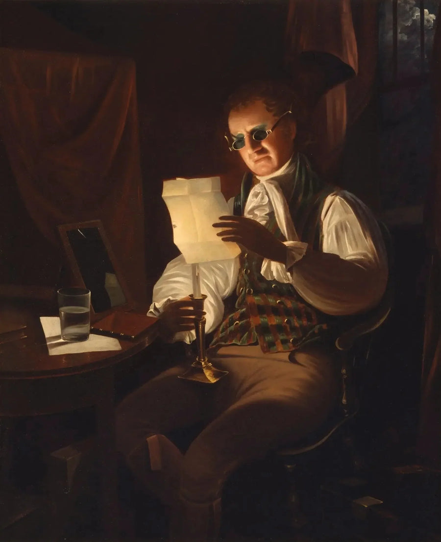 Mies lukemassa kynttilänvalossa - Rembrandt Peale