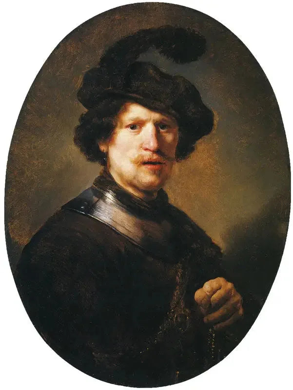 Höyhenpäähineen ja kaulapannan kantava mies - Rembrandt