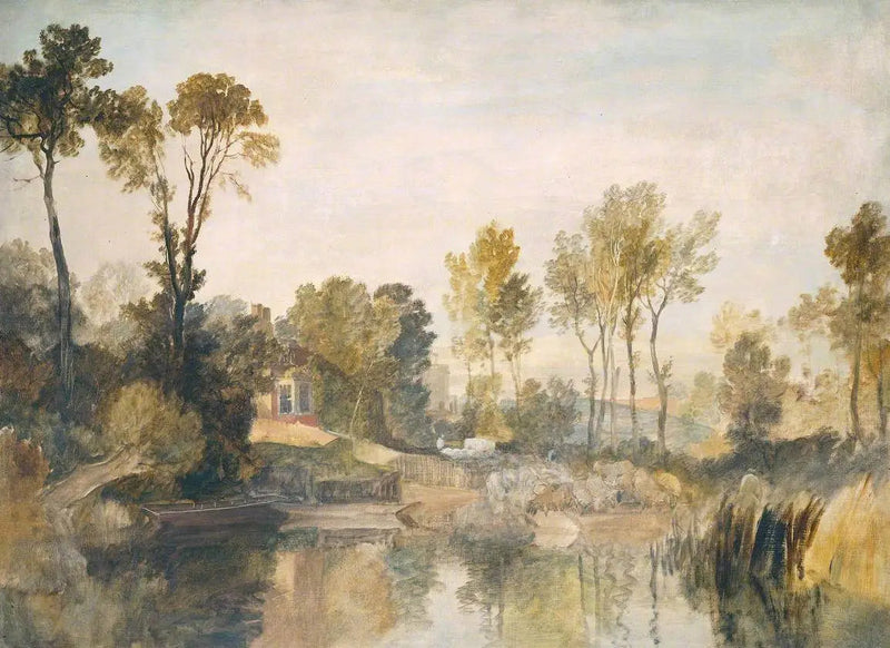 Talo joen vieressä, puiden ja lampaiden kanssa - J. M. W. Turner