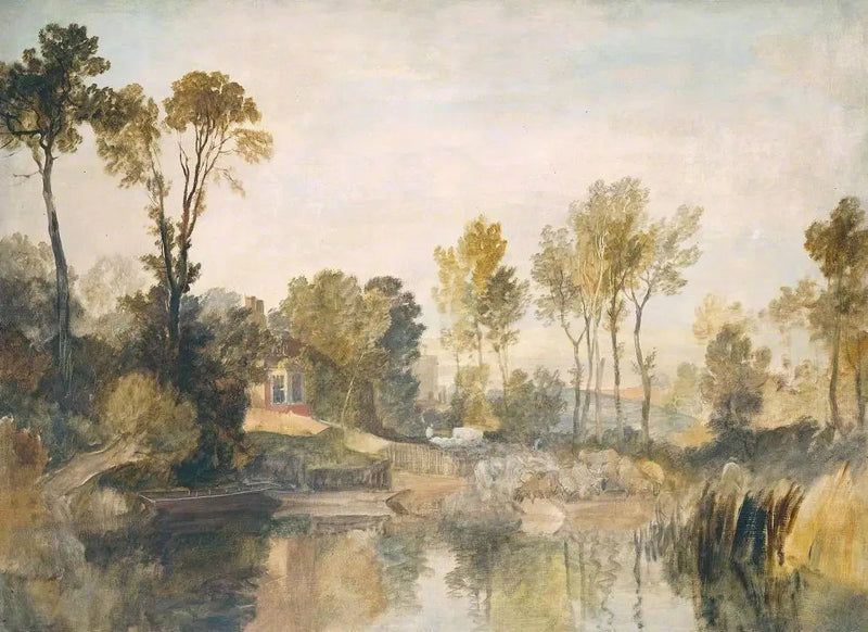 Talo joen vieressä, puiden ja lampaiden kanssa - J. M. W. Turner