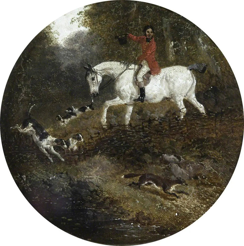 Kahdeksan pyöreää metsästyskohtauksen kuvaa ketusta: koirat jahtaavat piilossa olevaa ketkua - John Frederick Herring, Sr.