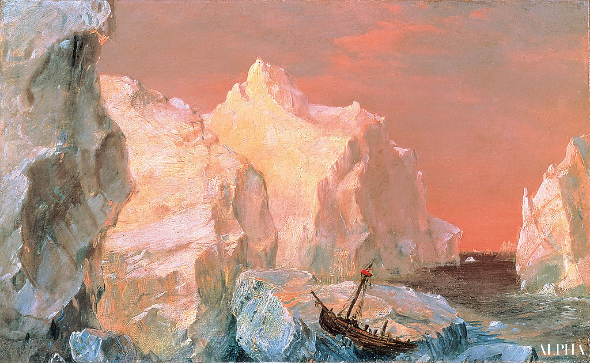 Jäätiköt ja hylky auringonlaskussa - Frederic Edwin Church - Taulujen ja korkealaatuisten maalauksien reproduktiot