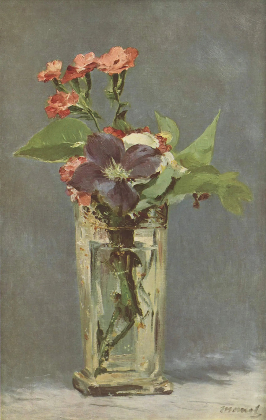 Neilikoita ja köynnöskrassia kristallivaseessa - Édouard Manet