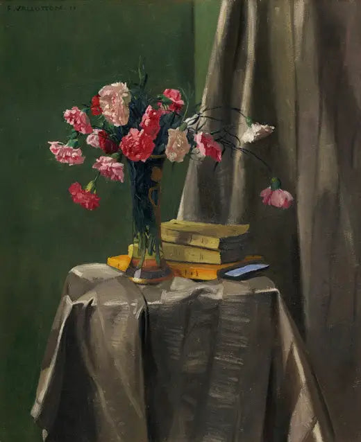 Ruusupäiset neilikat ja kirjat - Félix Vallotton