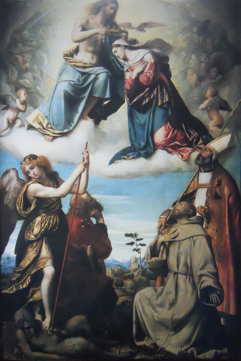 Neitsyt Marian kruunajaiskuva pyhimyksillä Mikael Arcangel, Joosef, Fransiskus Assisilainen ja Nikolaus Barii - Alessandro Bonvicino
