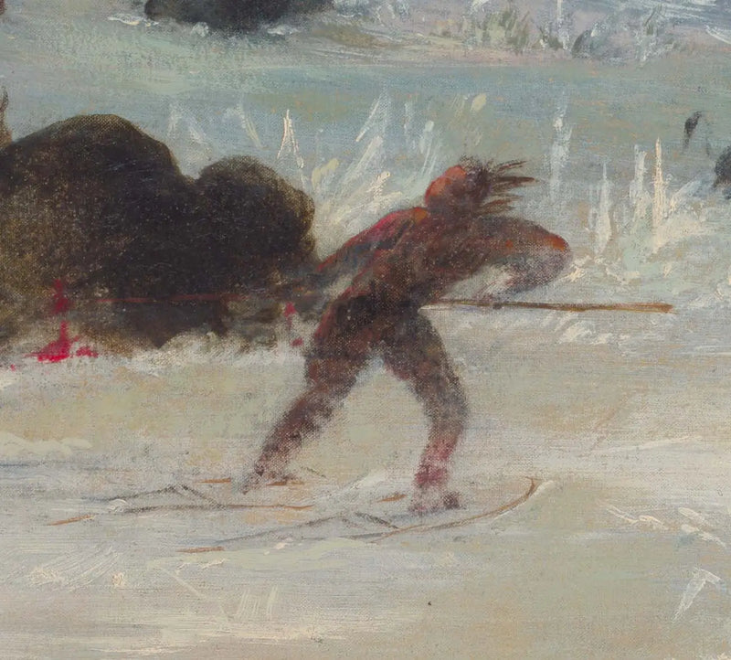 Intiaanit Assiniboineja jahtaamassa biisonia lumikenkeillä - George Catlin