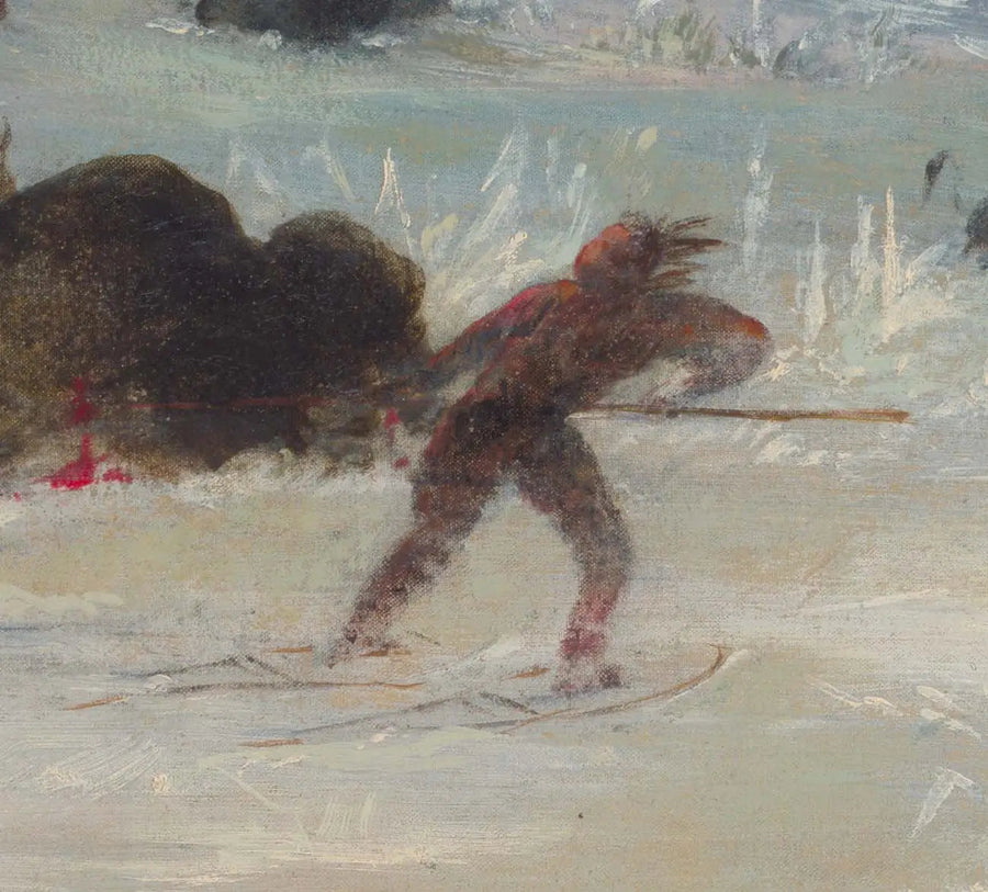 Intiaanit Assiniboineja jahtaamassa biisonia lumikenkeillä - George Catlin