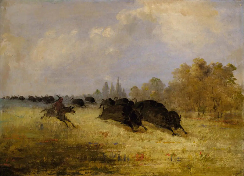 Intiaanit Caddo jahtaamassa biisonia, Cross Timbers, Texas - George Catlin