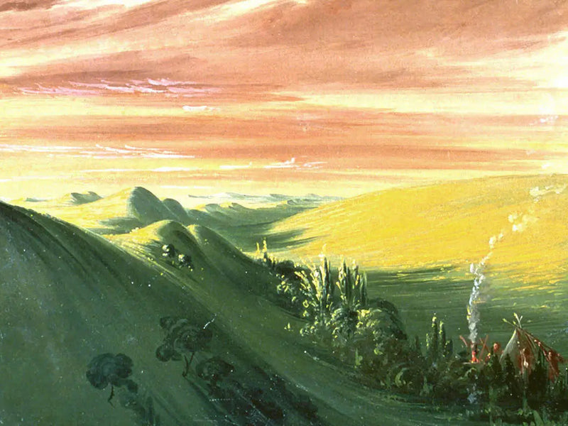 Intiaanit leiriytyvät auringonlaskussa, Haut-Missouri - George Catlin