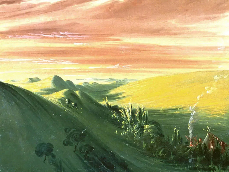 Intiaanit leiriytyvät auringonlaskussa, Haut-Missouri - George Catlin