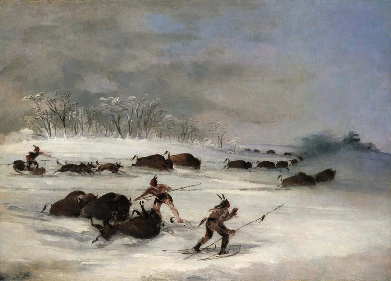 Sioux-intiaanit lumikenkeillä heittämässä biisoniä - George Catlin
