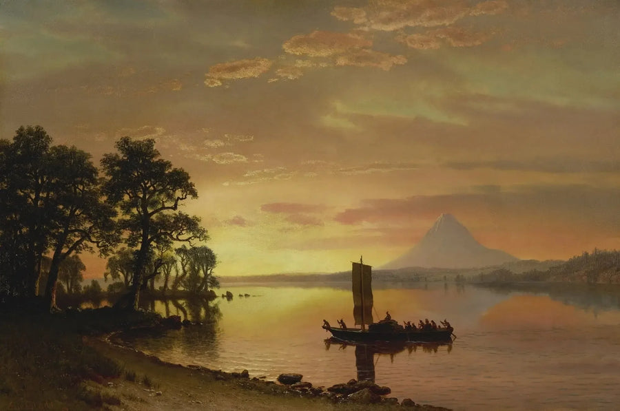 Intiaanit ylittävät Columbia-joen [kauempana Mount Hood] - Albert Bierstadt
