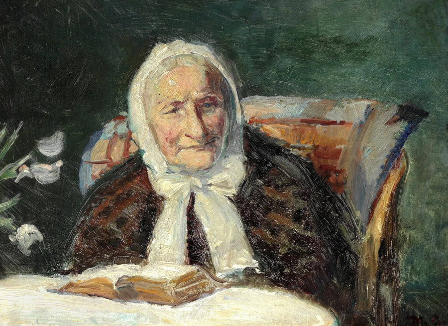 Sisustus, jossa taiteilijan anoppi Ane Bründum lukee Raamattua. - Michael Peter Ancher