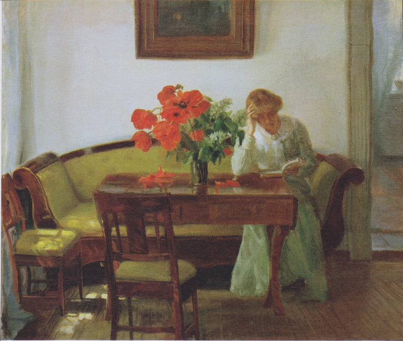 Sisustus unikoilla ja lukevalla naisella (Lizzy Hohlenberg) - Anna Ancher