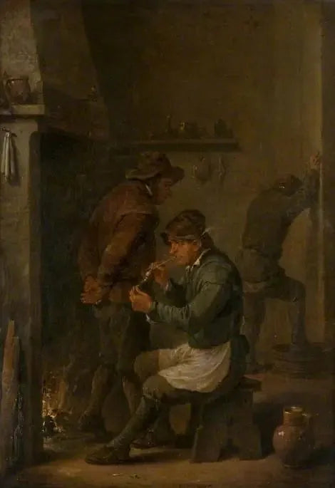 Sisätilat, joissa maatilalaisia tulen edessä - David Teniers nuorempi