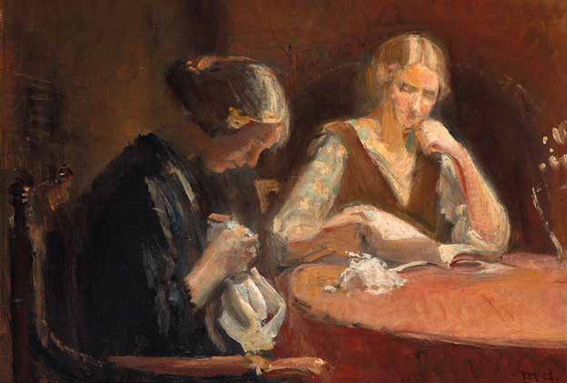 Sisäkuva kahdesta naisesta ompelutyön parissa. - Michael Peter Ancher