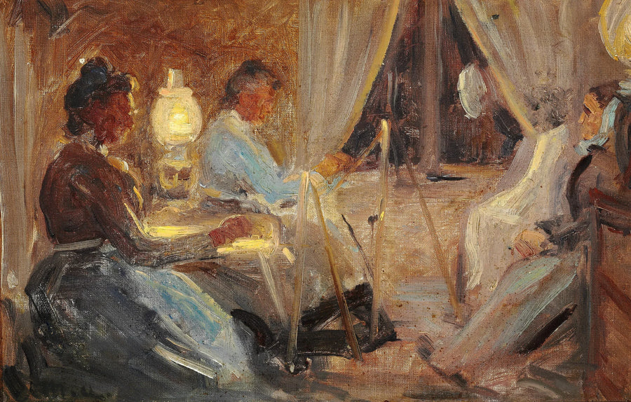 Sisäkuva, jossa kaksi naista maalaa muotokuvaa rouva Ane Bründumista. - Michael Peter Ancher