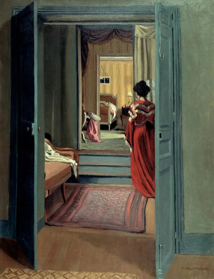 Sisätilat naisen kanssa punaisessa takissa selkäpuolella - Félix Vallotton