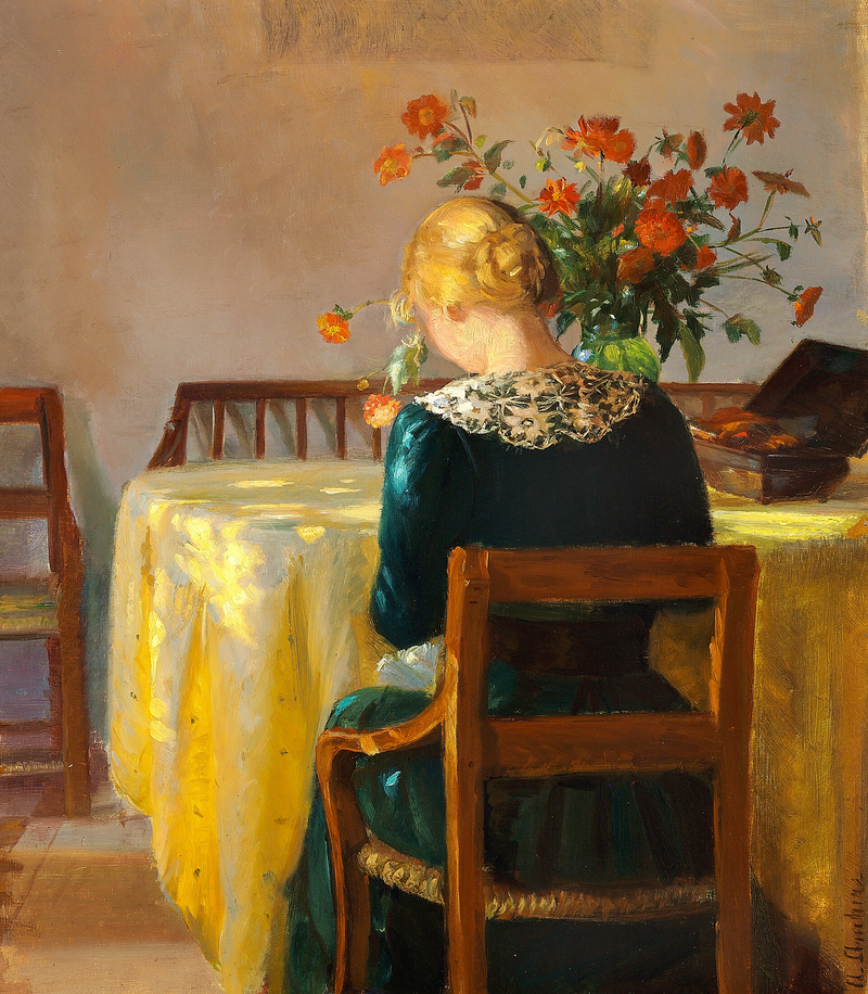 Sisustus, jossa Helga, taidemaalarin tytär, ompelee - Anna Ancher