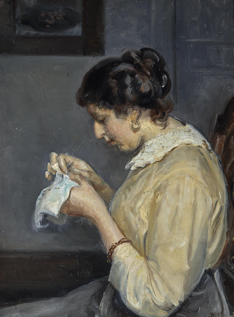 Sisustus, jossa Henny Brodersen tekee kirjontaa. - Michael Peter Ancher