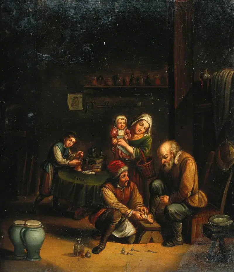 Sisätiloissa kirurgi hoitaa miehen jalkaa ja kolme muuta henkilöä - David Teniers nuorempi