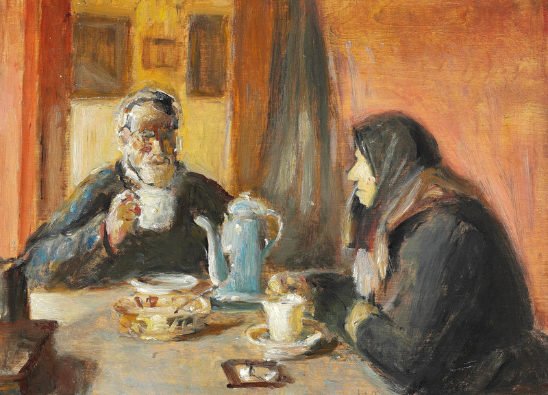 Sisustus, jossa iäkäs pariskunta juo kahvia. - Michael Peter Ancher