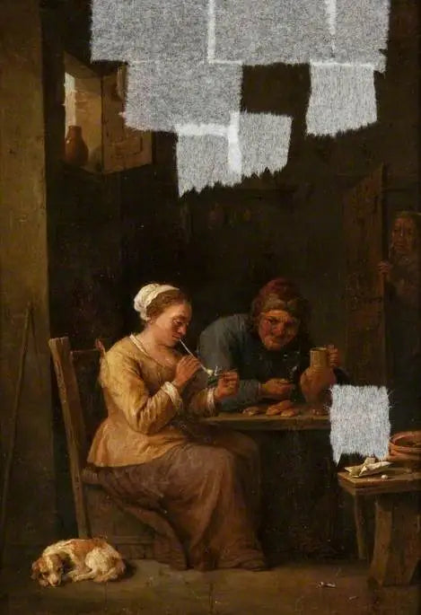 Sisätilat, joissa mies ja nainen pöydän ääressä - David Teniers nuorempi