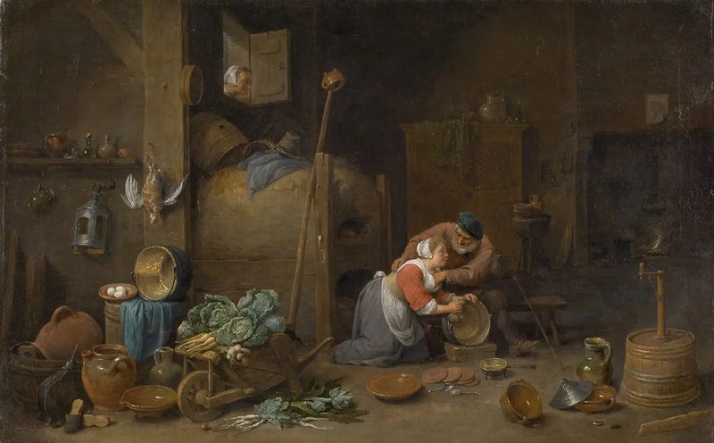 Sisätilat vanhan miehen kanssa, joka hieroo siivoojaa - David Teniers nuorempi