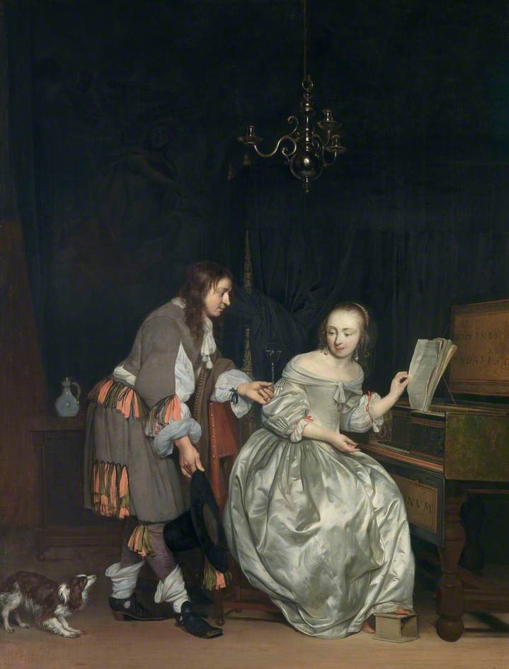 Intérieur avec une dame attablée à un évier et un monsieur lui offrant un verre de vin - Gabriel Metsu