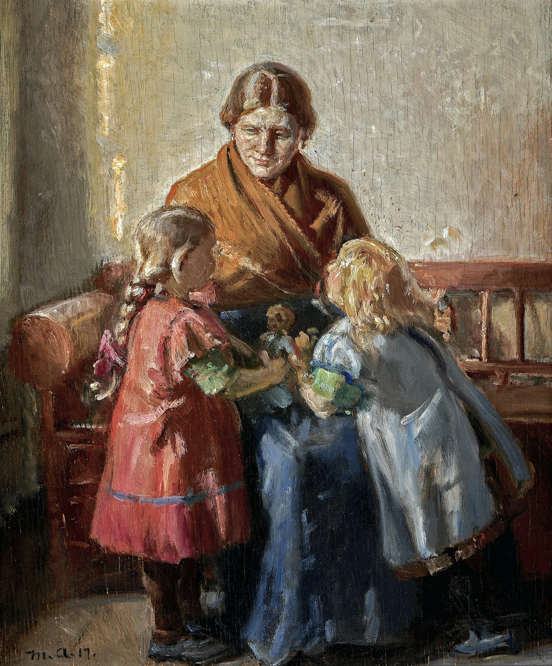 Sisäkuvassa nainen ja kaksi lasta. - Michael Peter Ancher